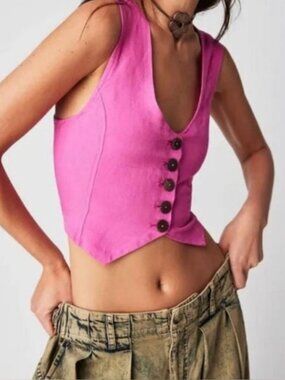 FREE PEOPLE Reisling Vest Flower Power Pink Large Linen Blend Boho Festival